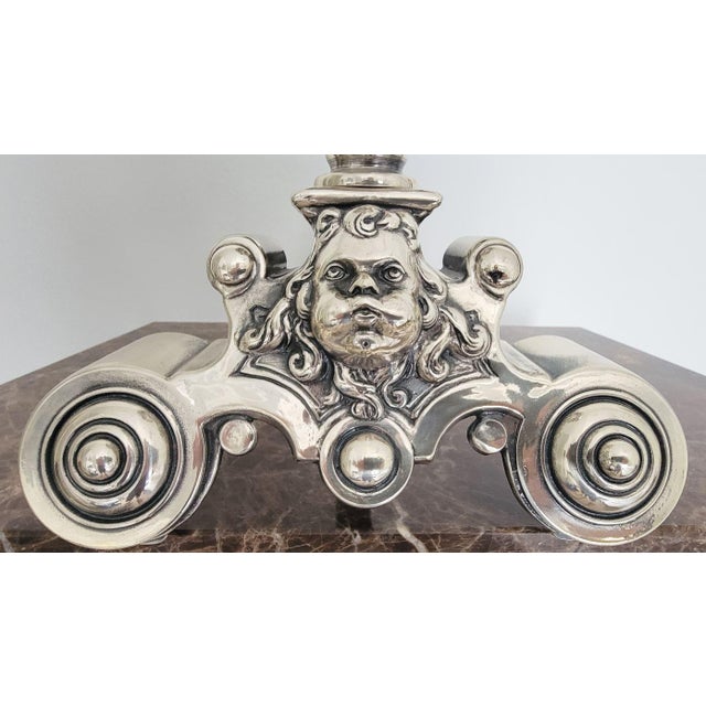 Italian Die-Cast Brass Andiron Set in Antique Silver Finish For Sale - Image 4 of 7