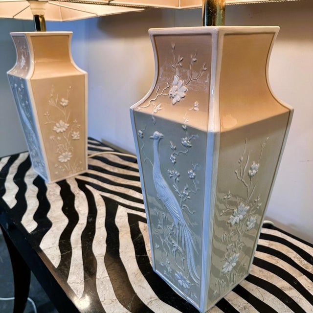 Contemporary Large Cream Ceramic Table Lamps with Relief Peacocks and Fabric Shades, Set of 2 For Sale - Image 3 of 16