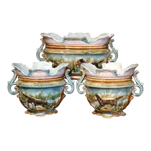 19th Century French Barbotine Hunt Motifs Cache Pots and Jardiniere, Set of 3