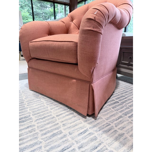 Shell Set of Kravet Tufted Swivel Club Chairs With Matching Ottoman For Sale - Image 7 of 12