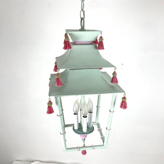 1960s Painted Metal Pagoda Lantern With Silk Tassels For Sale - Image 4 of 8