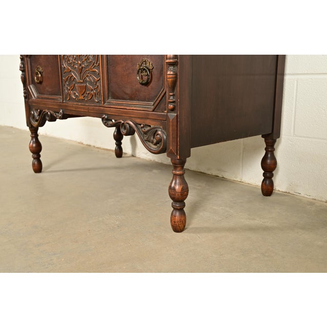 Berkey & Gay Style Antique English Jacobean Carved Walnut Highboy Dresser, Circa 1920s For Sale - Image 12 of 16