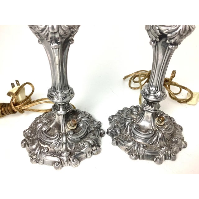 Pair Early 20th Century Silver Pewter Candlestick Lamps For Sale - Image 4 of 9