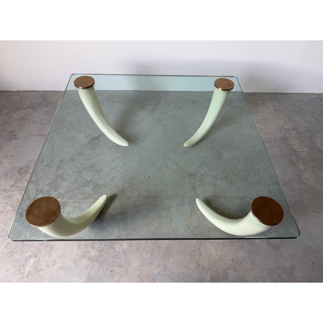 1970s Vintage Faux Elephant Tusk & Brass Cup Glass Coffee Table For Sale - Image 5 of 12