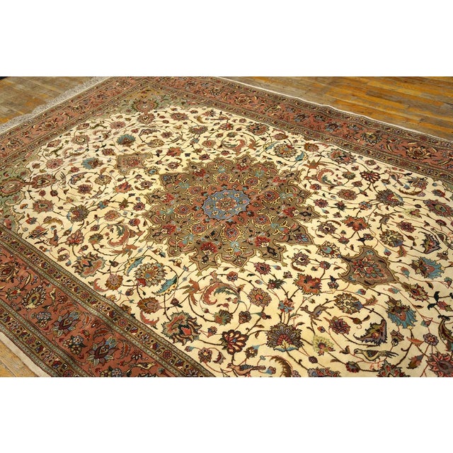1940s Ivory Medallion Antique Persian Tabriz Rug Silk Highlights 5'11" X 9'6" Handknotted Wool Carpet For Sale - Image 4 of 6