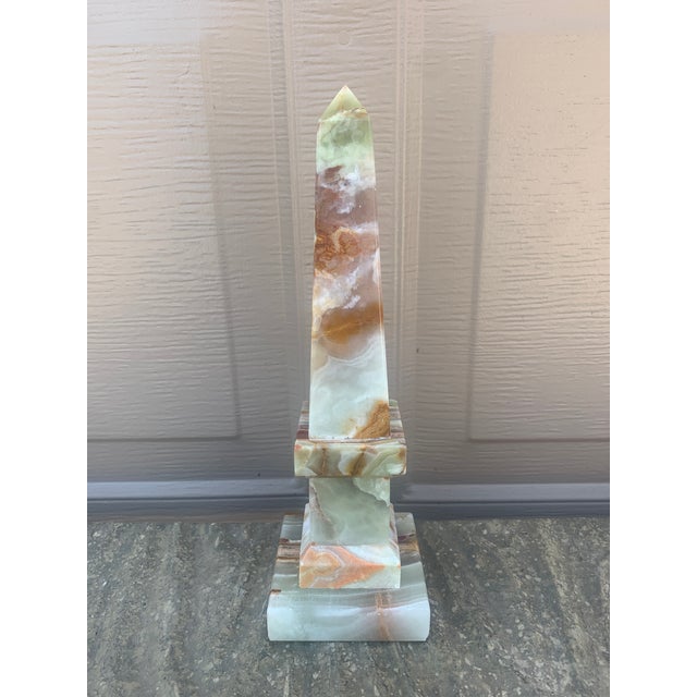 A stunning neoclassical or Grand Tour style solid marble onyx green & brown obelisk Measures: 3.18"W x 3.18"D x 10"H. Very...