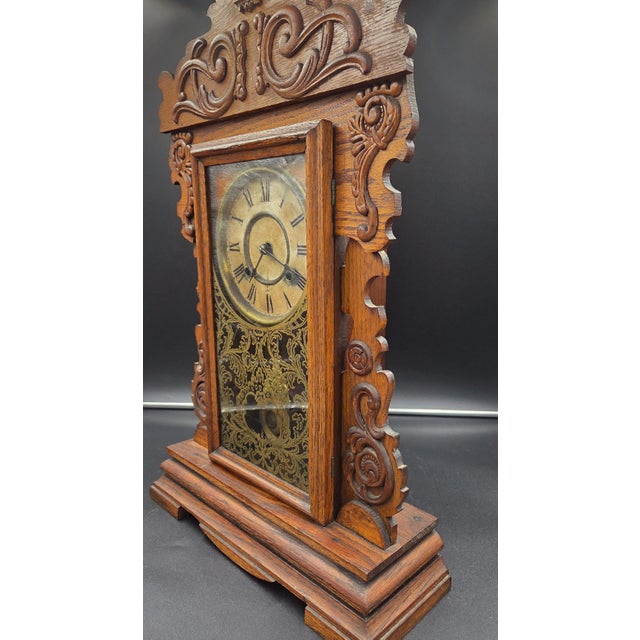 Gothic Antique New Haven "Maine Line" 8-Day Striking Stenciled Glass & Wood Case Mantel Clock For Sale - Image 3 of 18