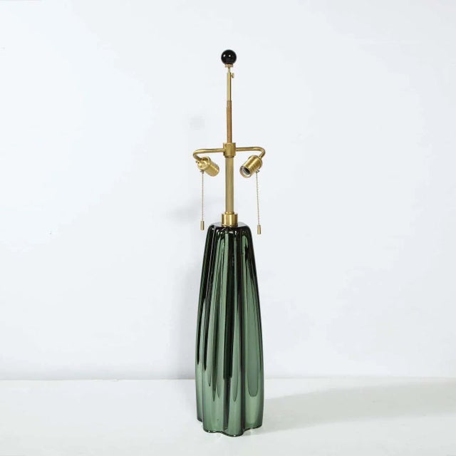 White Channel Form Handblown Murano Iridiscent Viridian Green Table Lamps - A Pair For Sale - Image 8 of 10