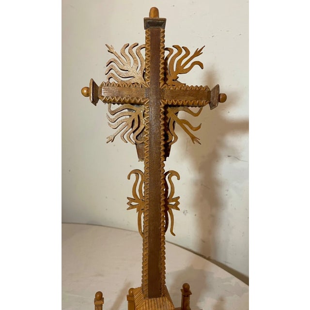 Vintage Hand Carved Wood Tramp Art Style Religious Altar Crucifix Altar Cross For Sale - Image 11 of 17