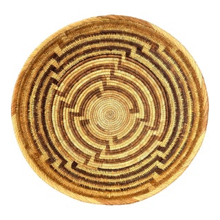 1970s Running Ostrich Pattern Botswana Basket - 17" Diam. X 5.75" H For Sale