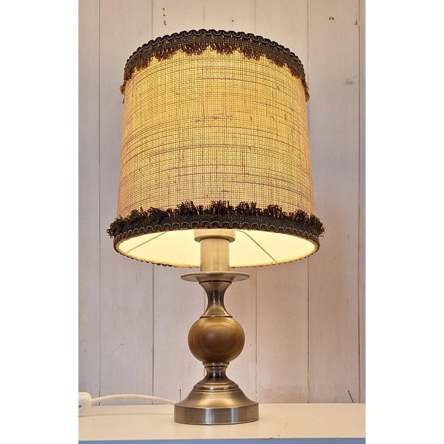 1970s Rustic German Table Lamp with Metal and Oak Base and Beige Fabric Shade from Raab-Leuchten, 1970s For Sale - Image 5 of 8