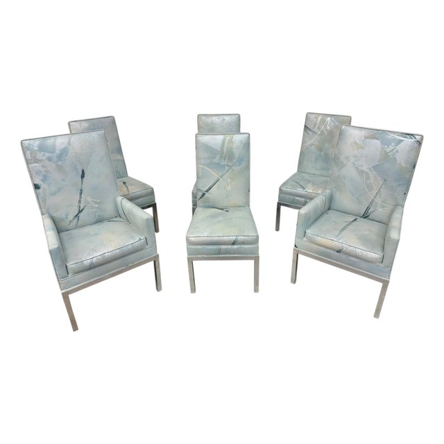 Post Modern Chrome & Abstract Upholstered High Back Dining Chairs - Set of 6 For Sale