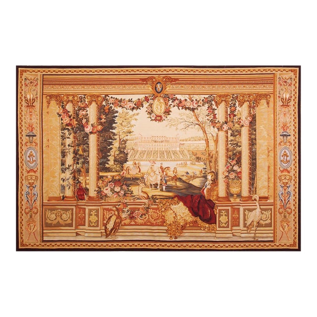 1875s Antique Beige Field European Landscape Victorian Flat Weave Wool Tapestry For Sale