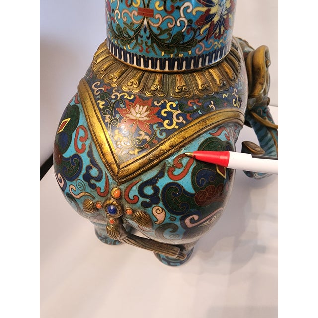 18th Century Important Pair Gilt Bronze and Cloisonne Elephant Altar Candle Holders For Sale In Seattle - Image 6 of 13