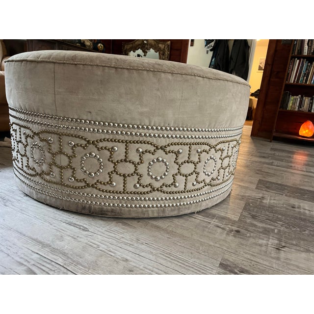 Hollywood Regency Marge Carson Custom Oversized Round Suede Cocktail Ottoman For Sale - Image 3 of 5
