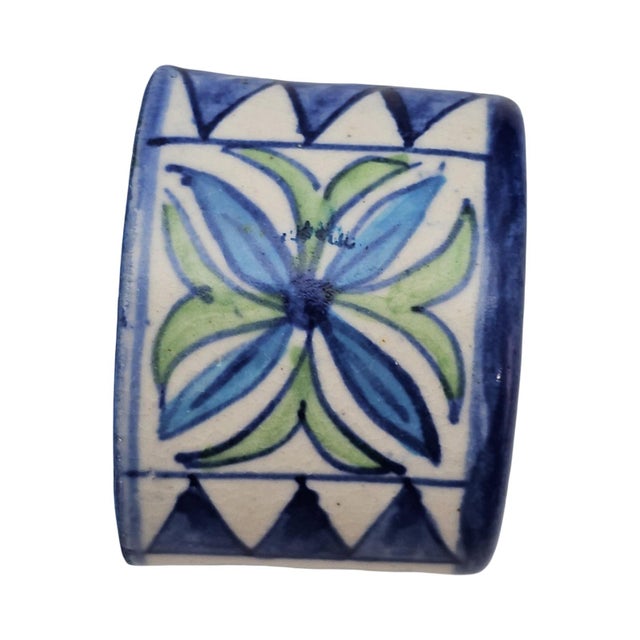 Blue Late 20th Century Mexican Talavera Hand-Painted Pottery Napkin Rings Set of 9 2" For Sale - Image 8 of 11