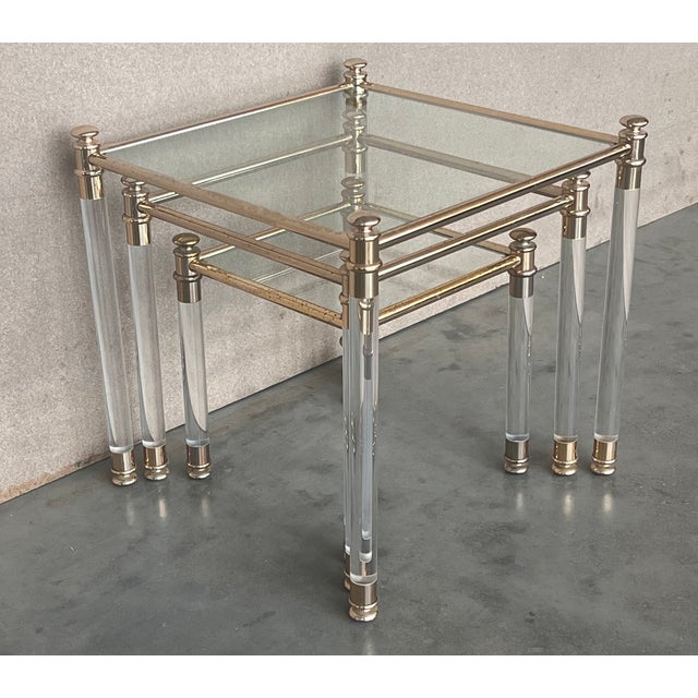 Set of Three Vintage Lucite an Brass Nesting Tables With Glass Top For Sale In Miami - Image 6 of 12