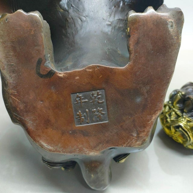 Pair of Vintage Chinese Gilt Bronze Guardian Lions (Foo Dogs) on Embroidered Balls For Sale - Image 4 of 9