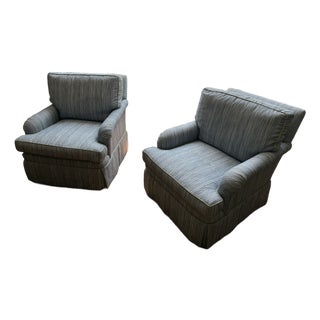 Pair of Blue Swivel Club Chairs With Loose Back Cushion and Contrast Green Welt For Sale