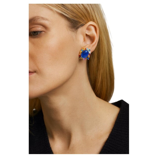 Baroque Bochic “Capri” Vintage Blue Sapphire & Multi Pastel Sapphire Earrings Set In 18K For Sale - Image 3 of 8