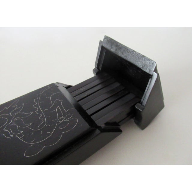 C.1990's Chinese Carved, Boxed Set of 16 Chopsticks, Wood-Carved, Holder/Carrier Case With Inlaid Silver Metal "Dragon" Motif Detail For Sale - Image 9 of 12