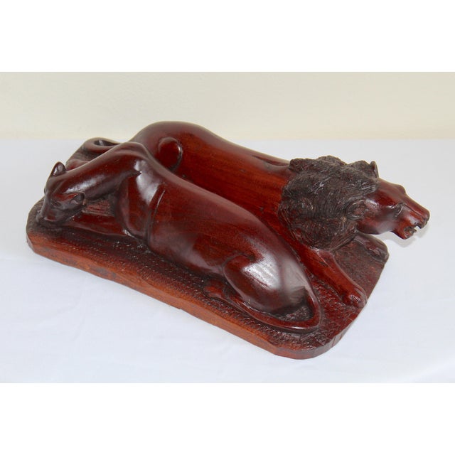 African Vintage Hand-Carved African Lion & Lioness Sculpture – Signed "Masaku" – African Ironwood Safari Folk Art For Sale - Image 3 of 15