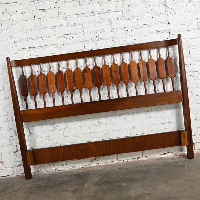Handsome vintage MCM or Mid-Century Modern Drexel Declaration full size walnut headboard by Kipp Stewart & Stewart...