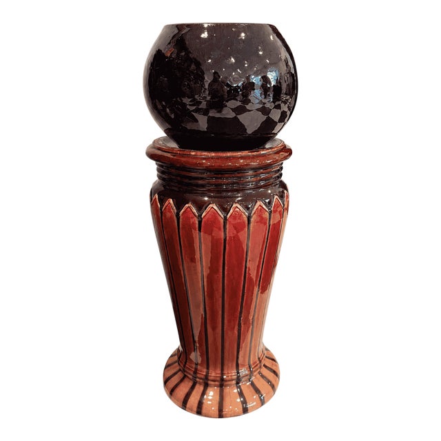 Late 19th Century Majolica Jardiniere & Pedestal Set, Oxblood Red With Striped Base For Sale