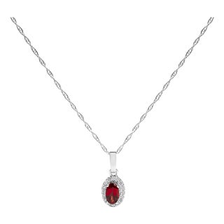 10K White Gold 5x3mm Red Garnet and Diamond Accent Halo Oval Shape 18" Pendant Necklace (I-J Color, I1-I2 Clarity) For Sale
