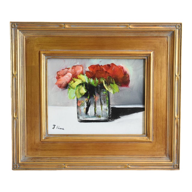 Red Roses Bouquet Flowers in Vase Oil Painting Including the Antiqued Gold Wood Frame For Sale