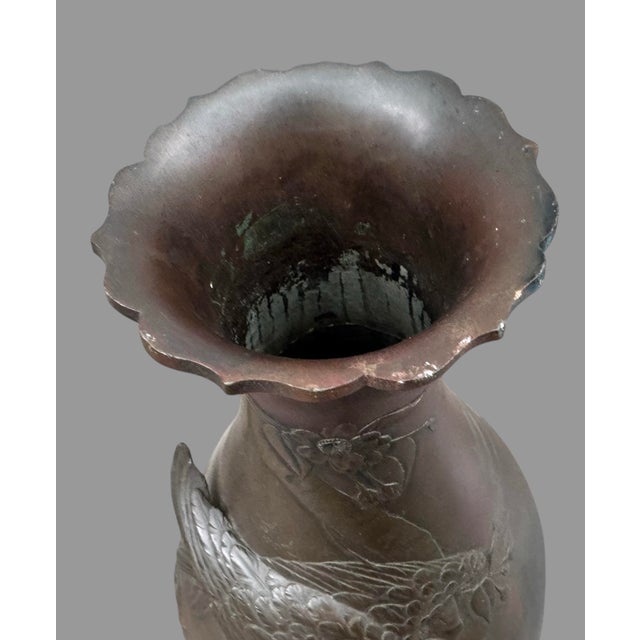 Art Nouveau 17" Antique Oriental Bronze Vase With Embossed Eagle on Branch For Sale - Image 3 of 11