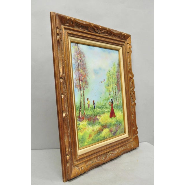 Vintage Louis Cardin Enamel on Copper Painting Framed "Woman With Boys & Kite" For Sale - Image 12 of 16