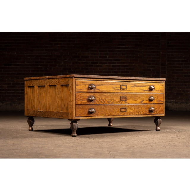 Antique Oak Flat File Cabinet Coffee Table For Sale - Image 4 of 14