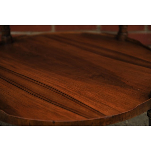 Regency 2-Tier Flame Walnut Gueridon Table with Reeded Legs & Brass Detailing For Sale - Image 4 of 6