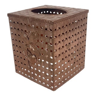 Mid-Century Hollywood Regency Faux Woven Basket Metal Tissue Box Cover For Sale