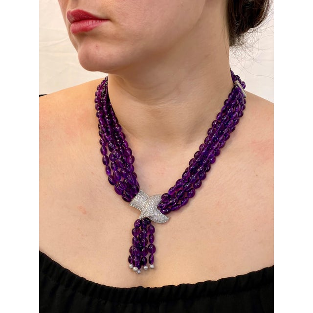 1990s 700 Ct Natural Amethyst Multi Layer Bead Necklace in Platinum with 9 Ct Diamonds For Sale - Image 5 of 18