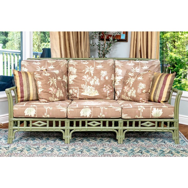 Tommy Bahama Sage Green Rattan Faux Bamboo Sofa With Botanical Upholstery For Sale - Image 9 of 10