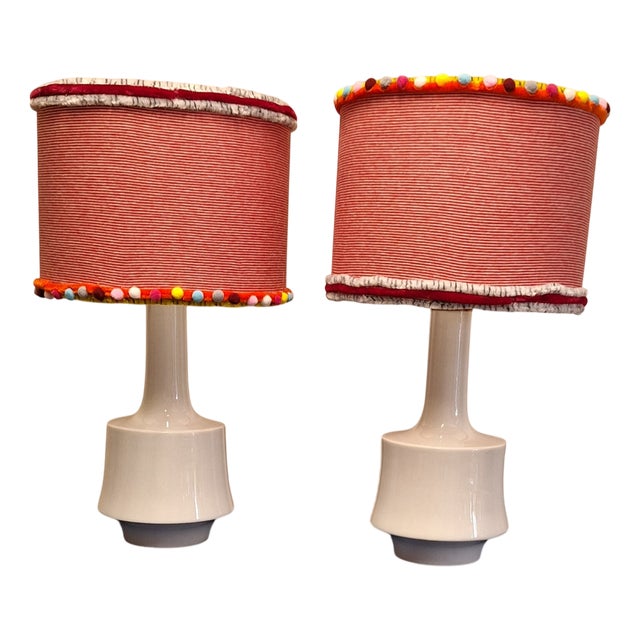 Vintage German Table Lamps with White Porcelain Base from Tirschenreuth and Handmade Fabric Shade from Lamplove, 1970s, Set of 2 For Sale