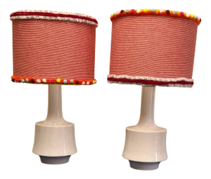 Vintage German Table Lamps with White Porcelain Base from Tirschenreuth and Handmade Fabric Shade from Lamplove, 1970s, Set of 2