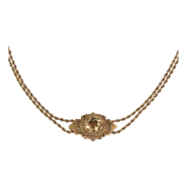 Victorian 8.00ct Citrine 14k Gold Pendant Double Chain Necklace For Sale