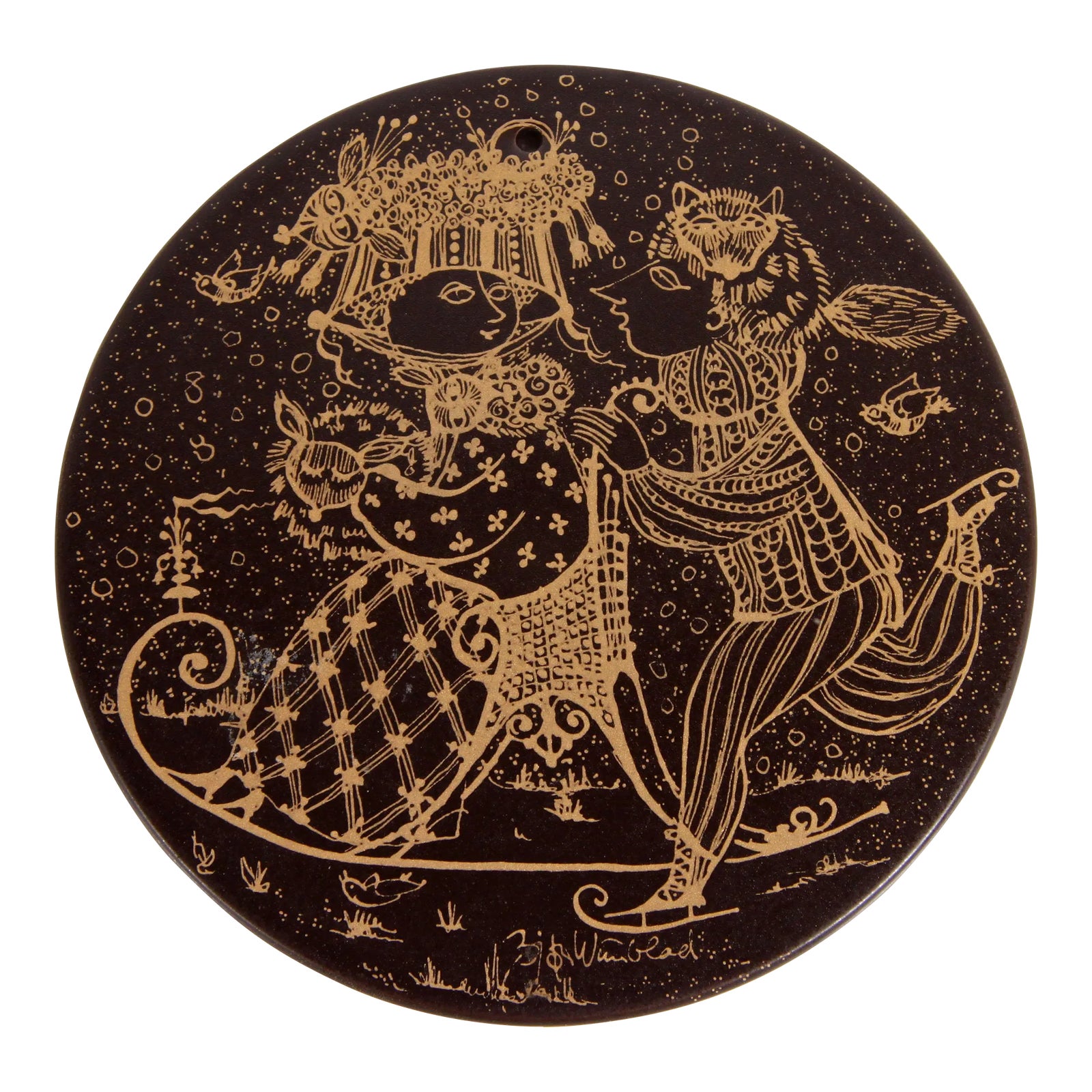 Vintage Bjorn Wiinblad Brown & Gold Ceramic Wall Plate / Trivet