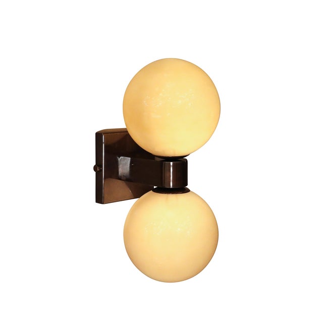 Metal Modernist Hand-Blown Murano Smoked Golden Moon Hue Glass Double Sphere Sconces For Sale - Image 7 of 12
