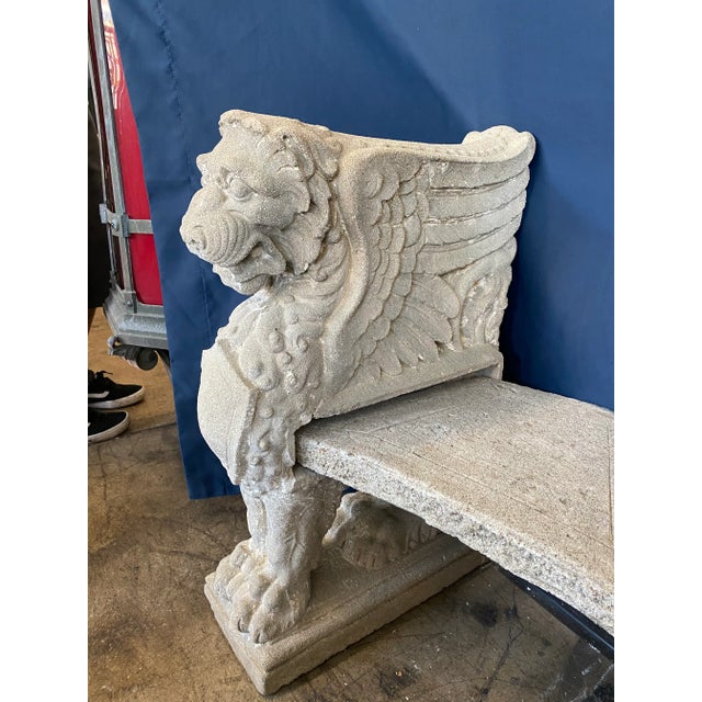 Carved Concrete Garden Bench Featuring Mythical Winged Lions For Sale - Image 4 of 13