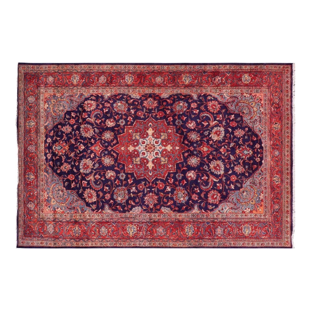 Vintage Hand-Knotted Wool Runner Rug – 6.4 X 12.1 Navy Blue Red For Sale