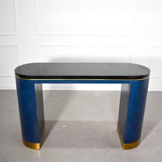 Postmodern Post Modern Springer Style Faux Snakeskin and Brass Console Table For Sale - Image 3 of 6
