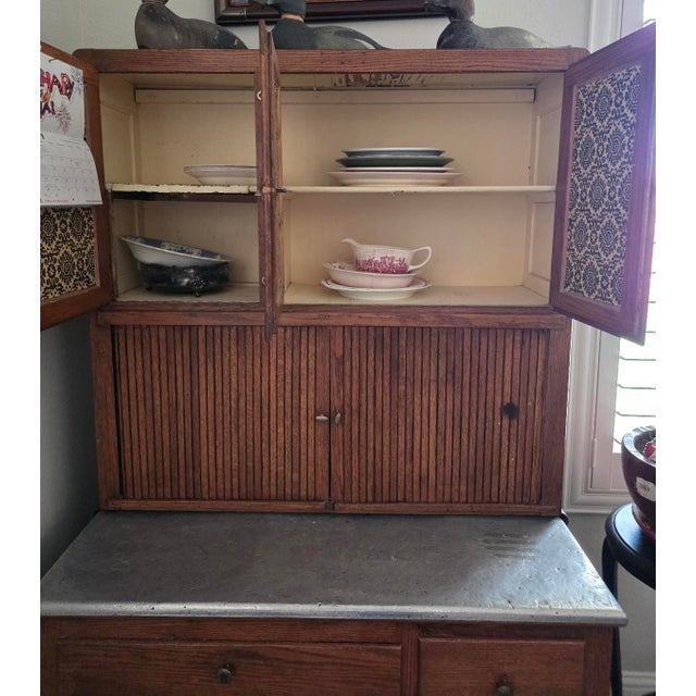 Antique Oak Hoosier Kitchen Cabinet With Slide-Out Zinc Counter & Tambour Doors For Sale In Las Vegas - Image 6 of 9