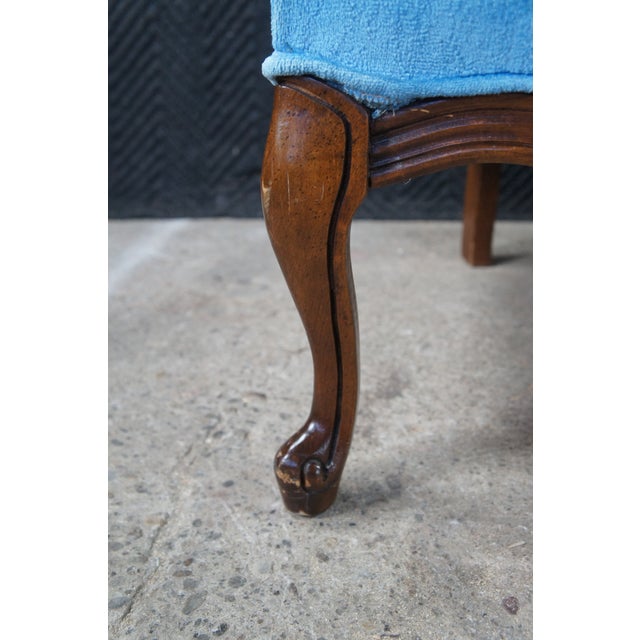 Blue Antique French Blue Velvet Tufted Fauteuil Walnut Wingback Parlor Armchair For Sale - Image 8 of 12