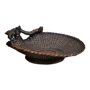 Meiji Early 20th Century Japanese Bamboo Basket Shell Form Ikebana Tea Ceremony Flower Fruit Vase Morikago