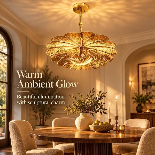 Handmade Brass Floral Ceiling Light, Vintage Lotus Flower Chandelier, Hammered Brass Pendant Light, Scalloped Ceiling Fixture For Sale - Image 12 of 13