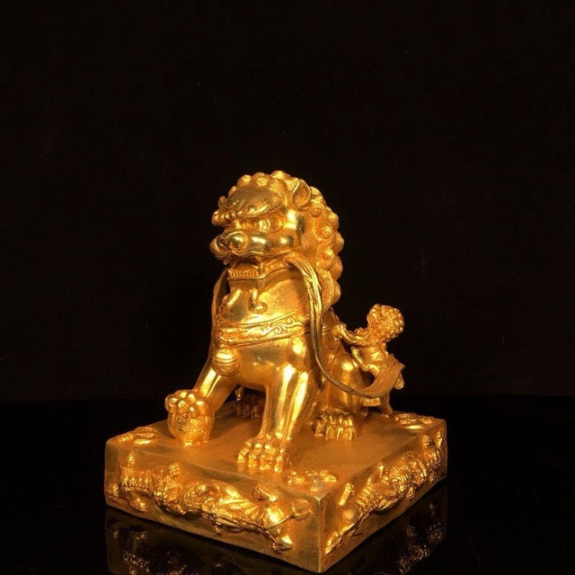 Metal Pair of Gilt Bronze Guardian Lions – 7.9" Foo Dogs on Dragon Relief Bases With Xuande Mark For Sale - Image 7 of 9